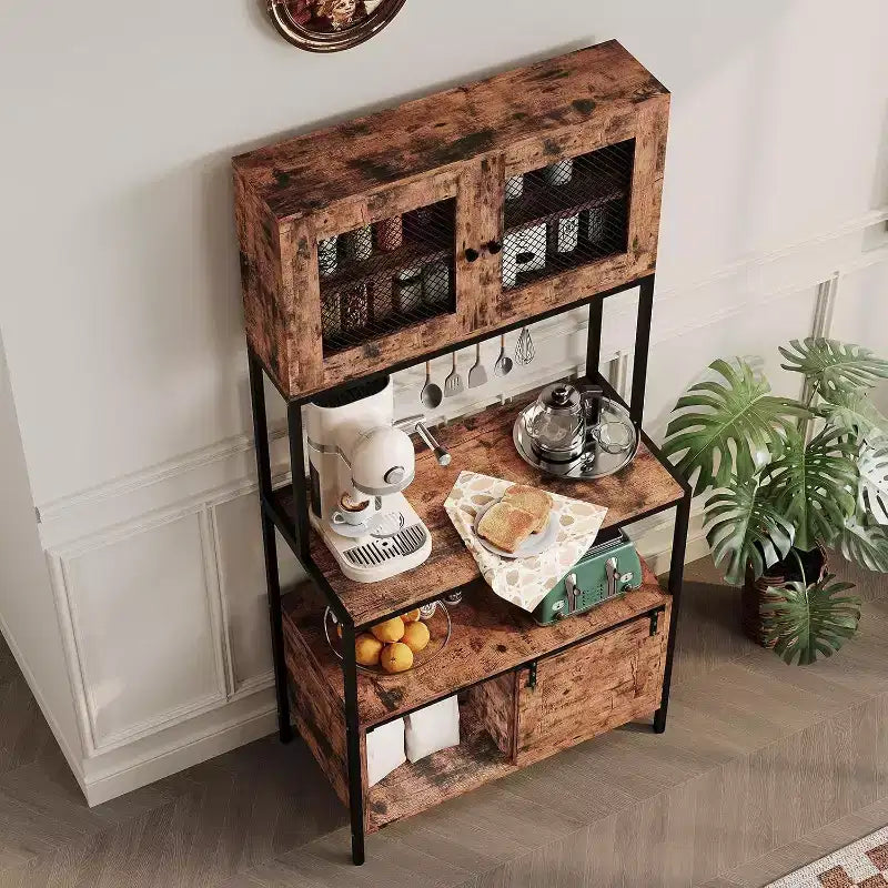 Meuble à micro-ondes industriel à 5 niveaux avec armoires et étagères ouvertes, étagère de boulanger de cuisine avec prise de courant, bar à café de ferme pour salle à manger, marron