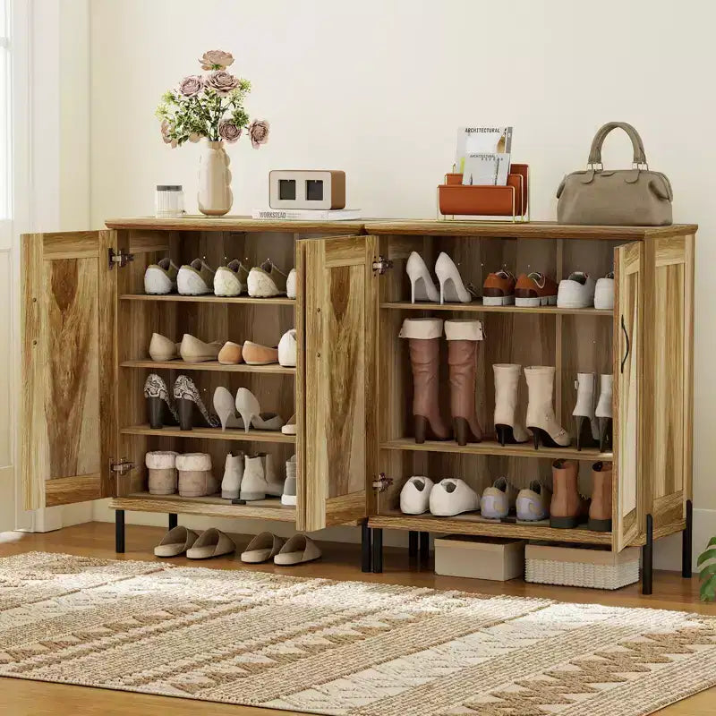 Meuble à chaussures de ferme à 5 niveaux Costway avec portes en rotin tissé, étagères amovibles pour placard