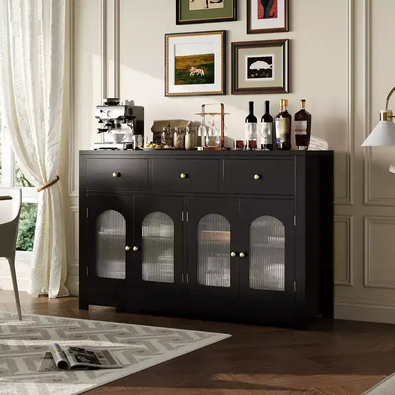55 Meuble Buffet, Bar à café moderne avec portes cannelées en acrylique cintrées, 3 tiroirs et étagères réglables pour salle à manger et salon, Noir