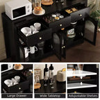 55 Meuble Buffet, Bar à café moderne avec portes cannelées en acrylique cintrées, 3 tiroirs et étagères réglables pour salle à manger et salon, Noir