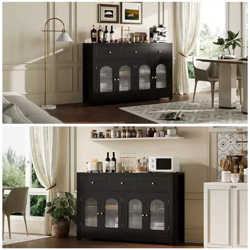 55 Meuble Buffet, Bar à café moderne avec portes cannelées en acrylique cintrées, 3 tiroirs et étagères réglables pour salle à manger et salon, Noir