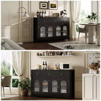 55 Meuble Buffet, Bar à café moderne avec portes cannelées en acrylique cintrées, 3 tiroirs et étagères réglables pour salle à manger et salon, Noir