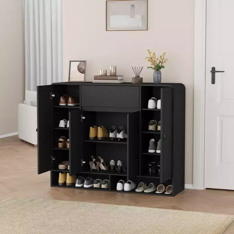 Meuble à chaussures de 120 cm avec étagères réglables, 4 portes, étagère inférieure, organiseur étroit autoportant, coin arrondi pour couloir et salon