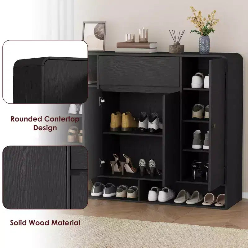 Meuble à chaussures de 120 cm avec étagères réglables, 4 portes, étagère inférieure, organiseur étroit autoportant, coin arrondi pour couloir et salon