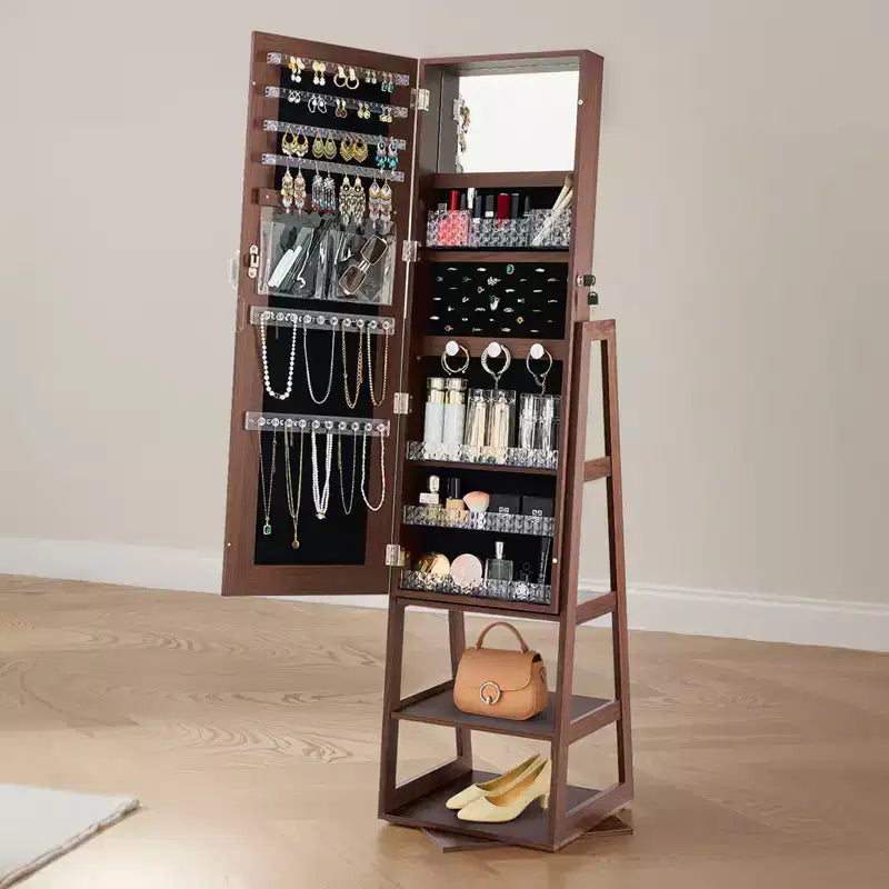 VEVOR Armoire à Bijoux Pivotante à 360°, 155 cm de Haut, Miroir Pleine Longueur avec Rangement, Organiseur de Bijoux Rotatif sur Pied, avec 2 Clés, Marron