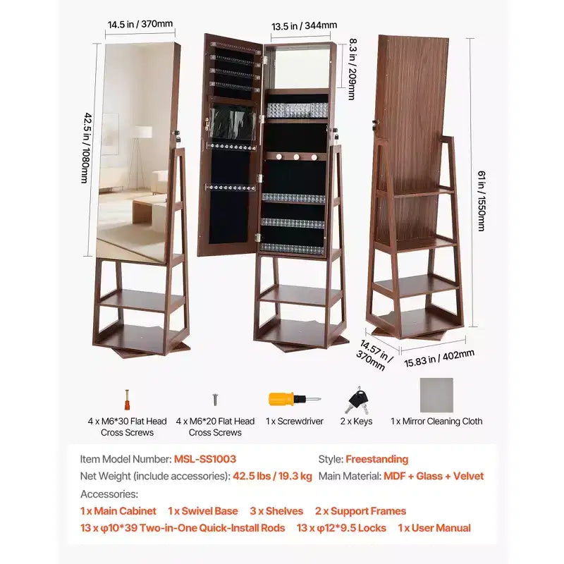 VEVOR Armoire à Bijoux Pivotante à 360°, 155 cm de Haut, Miroir Pleine Longueur avec Rangement, Organiseur de Bijoux Rotatif sur Pied, avec 2 Clés, Marron