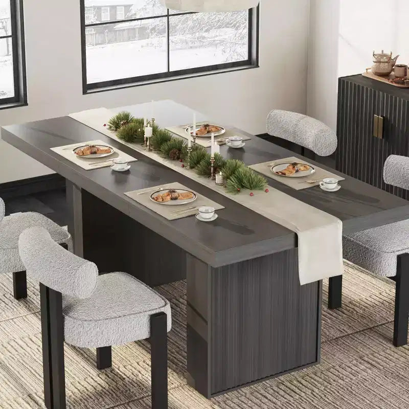 Table à manger rectangulaire moderne de 180 cm pour 6-10 personnes, plateau spacieux, pieds cannelés, rangement intégré, mobilier de maison contemporain, Gris/Naturel/Brun noyer