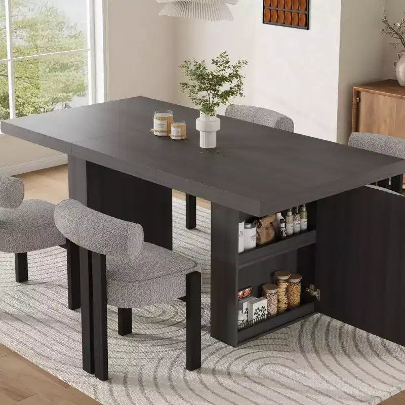 70.8'' Modern Rectangular Dining Table for 6-10, Spacious Tabletop, Fluted Legs, Built-in Storage, Contemporary Home Furniture,Grey/Natural/Nut-Brown