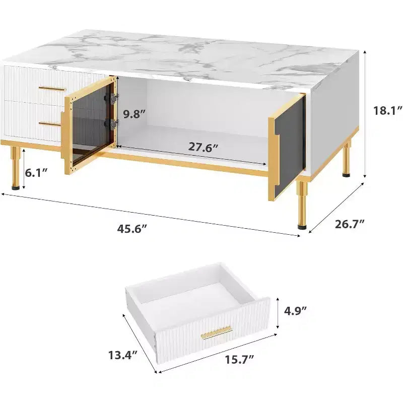 Grande table basse moderne avec plateau en faux marbre, 4 tiroirs et rangement avec porte vitrée, design à panneaux cannelés, compartiment caché pour le salon