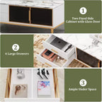 Grande table basse moderne avec plateau en faux marbre, 4 tiroirs et rangement avec porte vitrée, design à panneaux cannelés, compartiment caché pour le salon