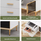 Grande table basse moderne avec plateau en faux marbre, 4 tiroirs et rangement avec porte vitrée, design à panneaux cannelés, compartiment caché pour le salon