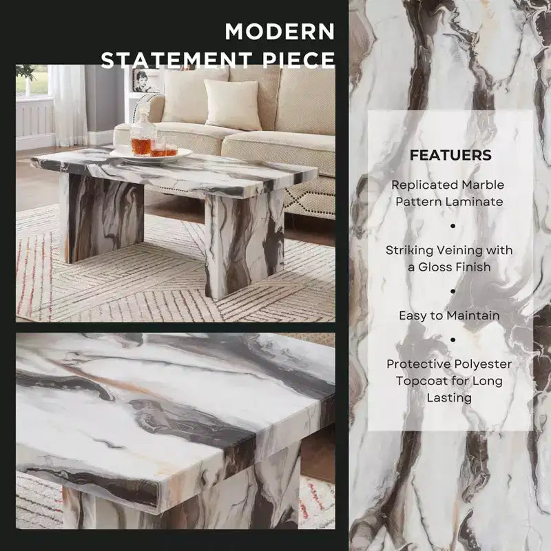 Table basse de salon moderne en similicuir marbre Cavira de Roundhill Furniture