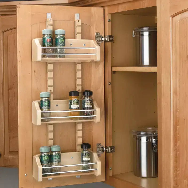 Organisateur de rangement mural coulissant Rev-A-Shelf pour armoires de cuisine, étagère à épices coulissante à fixation de porte avec 3 tablettes réglables, bois d'érable, 4ASR-15