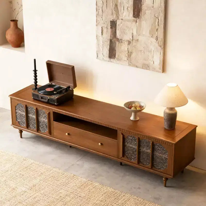 Meuble TV Luck Live Farmhouse 78,74 avec grands tiroirs et étagères amovibles – Poignées en métal et pieds en bois massif, meuble de rangement multimédia pour salon