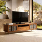 Meuble TV Luck Live Farmhouse 78,74 avec grands tiroirs et étagères amovibles – Poignées en métal et pieds en bois massif, meuble de rangement multimédia pour salon