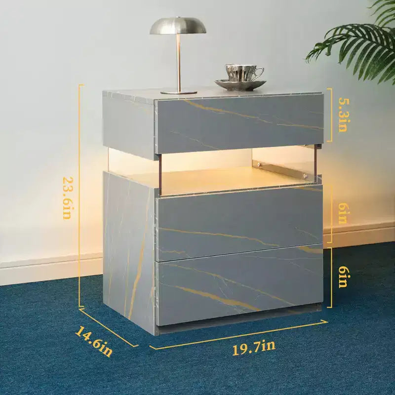Table de Chevet à 3 Tiroirs avec Lumière LED pour Chambre à Coucher ou Salon