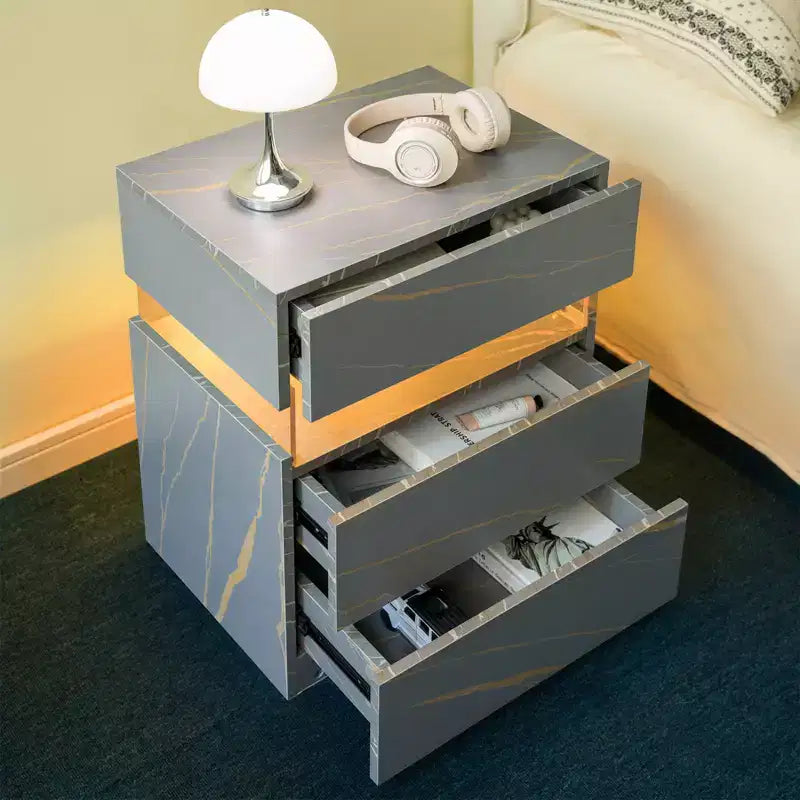 Table de Chevet à 3 Tiroirs avec Lumière LED pour Chambre à Coucher ou Salon