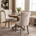 FurnitureR Lot de 2 chaises de salle à manger rembourrées avec dossier capitonné, garniture cloutée et pieds en bois, chaises d'appoint crème française pour salle à manger et salon