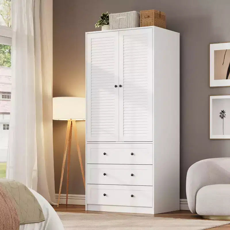Armoire/penderie haute blanche de 176,5 cm avec tiroirs et portes à persiennes, grand placard de rangement en bois pour vêtements avec tringle pour chambre à coucher