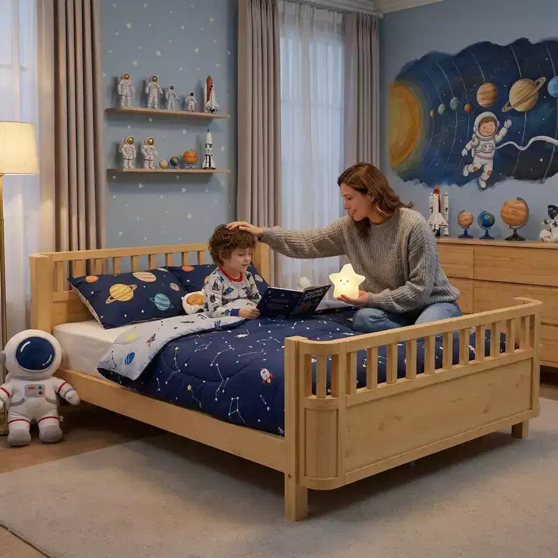 JVNOXK Full Size Wood Platform Bed for Kids, Wood Low Profile Full Bed with Rails for Girls and Boys, Natural