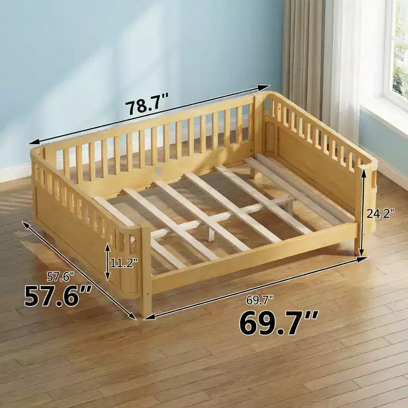 JVNOXK Lit plate-forme en bois pleine grandeur pour enfants, lit simple bas en bois avec barrières de sécurité pour filles et garçons, naturel