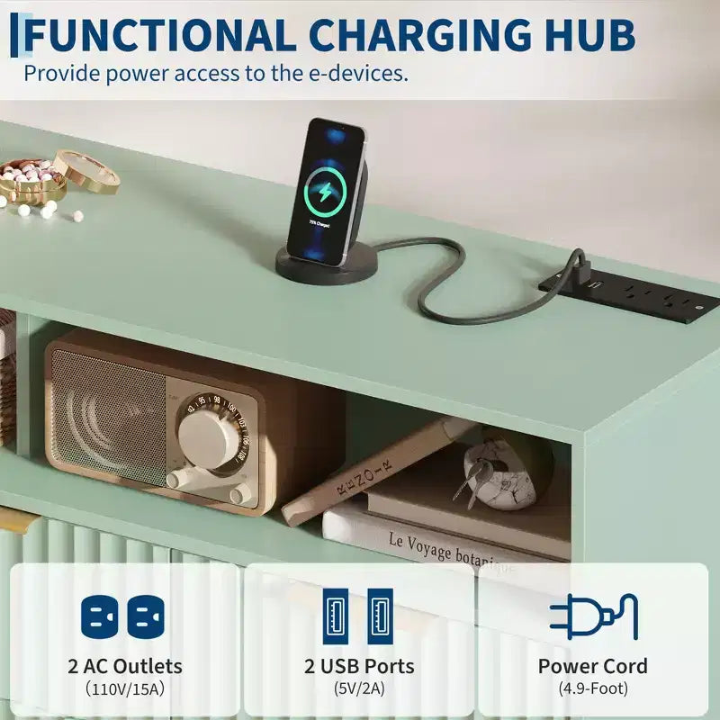 Commode à 7 tiroirs cannelés de 137 cm de large, commode moderne avec lumières LED et station de charge, poignées dorées, rangement à étagères ouvertes