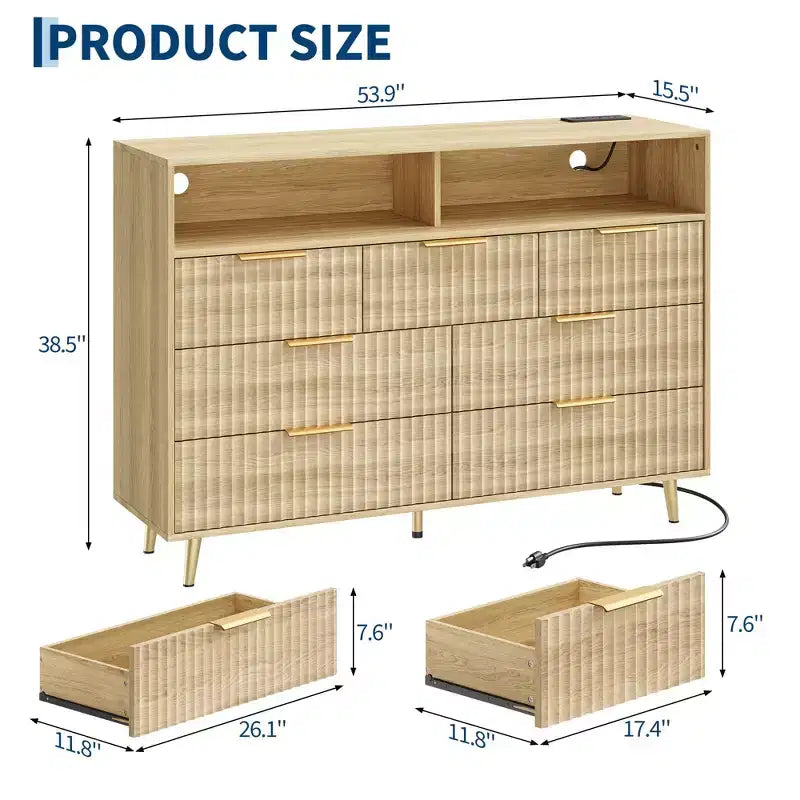 Commode à 7 tiroirs cannelés de 137 cm de large, commode moderne avec lumières LED et station de charge, poignées dorées, rangement à étagères ouvertes