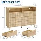 Commode à 7 tiroirs cannelés de 137 cm de large, commode moderne avec lumières LED et station de charge, poignées dorées, rangement à étagères ouvertes