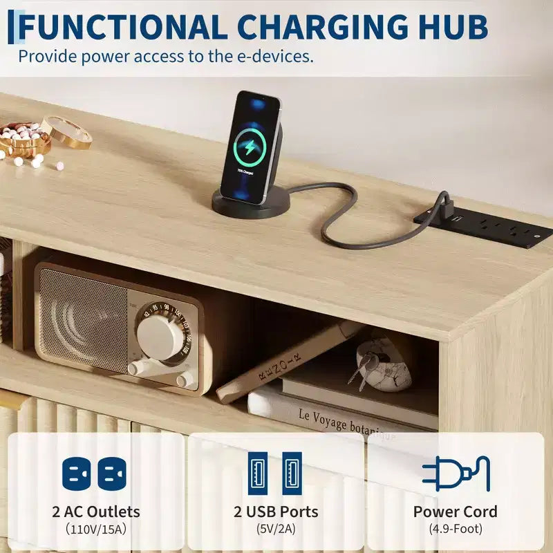 Commode à 7 tiroirs cannelés de 137 cm de large, commode moderne avec lumières LED et station de charge, poignées dorées, rangement à étagères ouvertes