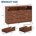 Commode à 7 tiroirs cannelés de 137 cm de large, commode moderne avec lumières LED et station de charge, poignées dorées, rangement à étagères ouvertes