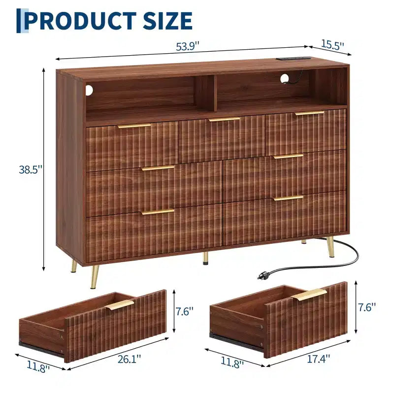 Commode à 7 tiroirs cannelés de 137 cm de large, commode moderne avec lumières LED et station de charge, poignées dorées, rangement à étagères ouvertes