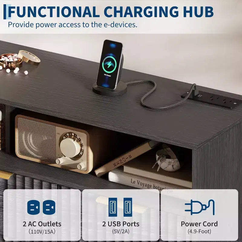 Commode à 7 tiroirs cannelés de 137 cm de large, commode moderne avec lumières LED et station de charge, poignées dorées, rangement à étagères ouvertes