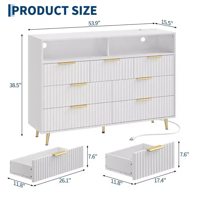Commode à 7 tiroirs cannelés de 137 cm de large, commode moderne avec lumières LED et station de charge, poignées dorées, rangement à étagères ouvertes