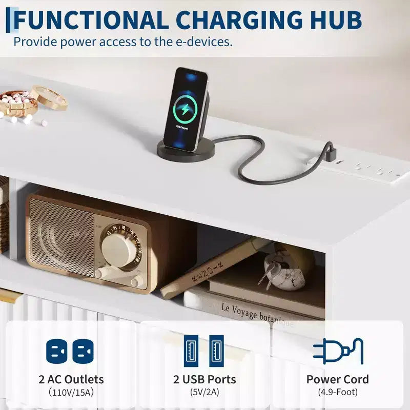 Commode à 7 tiroirs cannelés de 137 cm de large, commode moderne avec lumières LED et station de charge, poignées dorées, rangement à étagères ouvertes