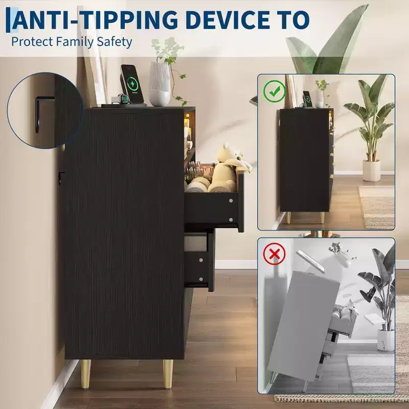 Commode à 7 tiroirs cannelés de 137 cm de large, commode moderne avec lumières LED et station de charge, poignées dorées, rangement à étagères ouvertes