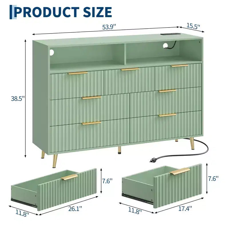 Commode à 7 tiroirs cannelés de 137 cm de large, commode moderne avec lumières LED et station de charge, poignées dorées, rangement à étagères ouvertes
