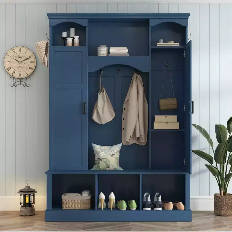 Porte-manteau d'entrée tout-en-un moderne avec étagères réglables, banc de rangement de style ferme avec 7 crochets et armoires latérales, organisateur d'entrée - ModernLuxe