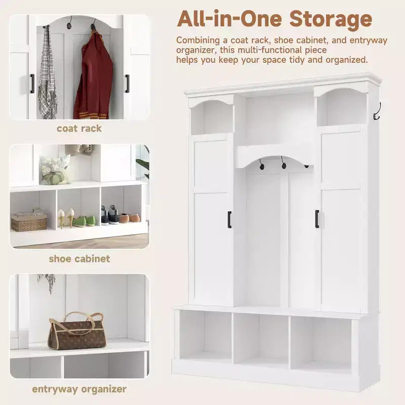 Porte-manteau d'entrée tout-en-un moderne avec étagères réglables, banc de rangement de style ferme avec 7 crochets et armoires latérales, organisateur d'entrée - ModernLuxe