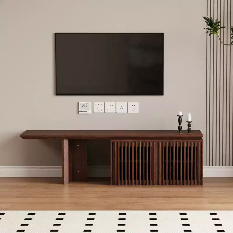 JVNOXK Meuble TV extensible de 153 à 214 cm pour téléviseurs jusqu'à 55 pouces, meuble TV moderne, centre de divertissement avec rangement, pour salon, chambre, noyer