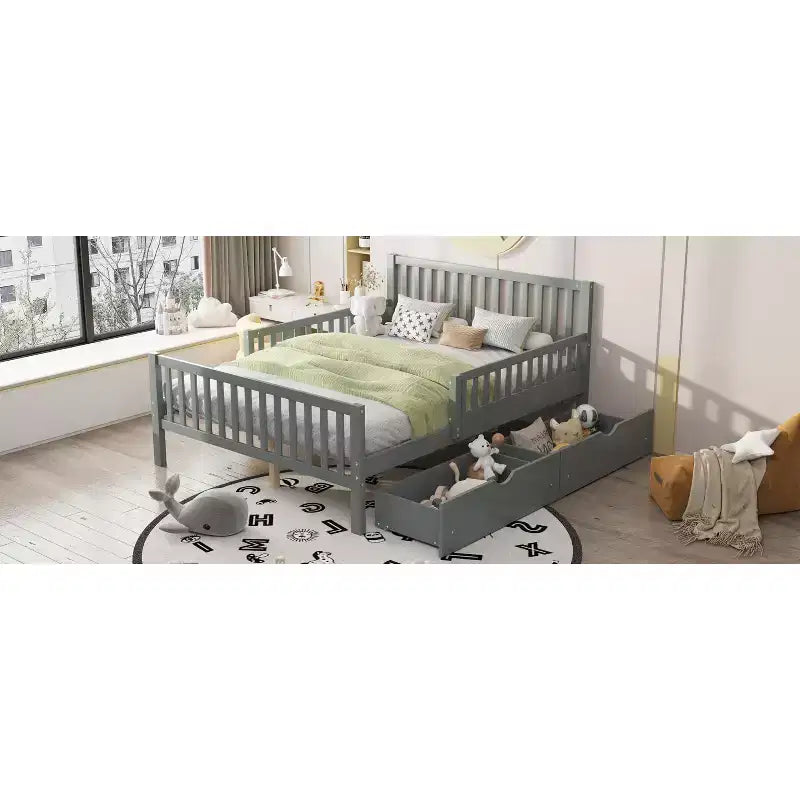 Lit plateforme entièrement en bois avec barrières de sécurité et 2 tiroirs de rangement, gris
