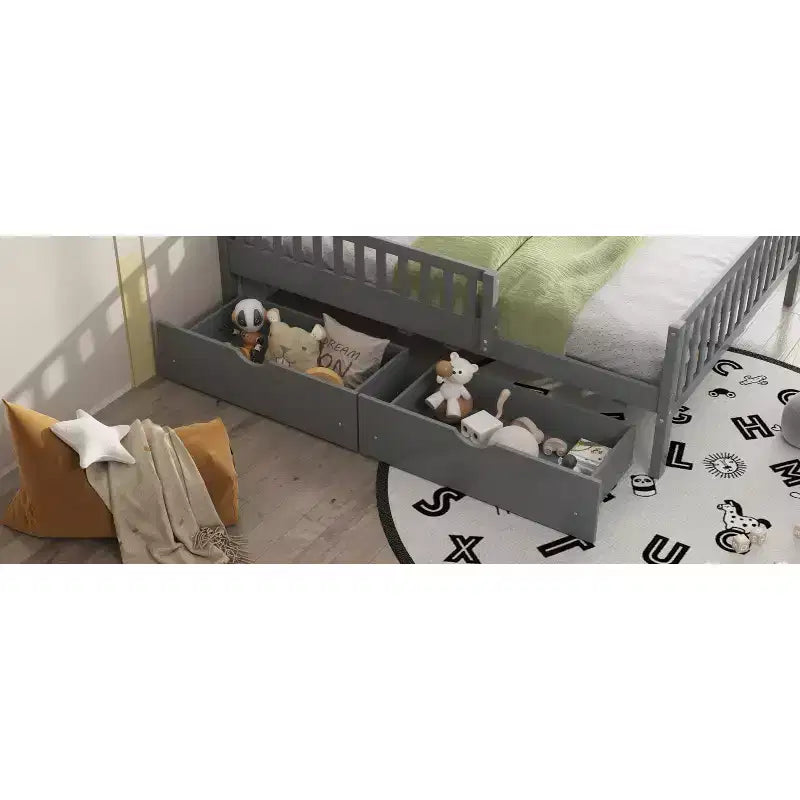 Lit plateforme entièrement en bois avec barrières de sécurité et 2 tiroirs de rangement, gris