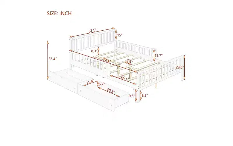 Lit plateforme entièrement en bois avec barrières de sécurité et 2 tiroirs de rangement, gris