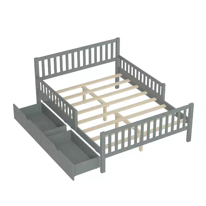 Lit plateforme entièrement en bois avec barrières de sécurité et 2 tiroirs de rangement, gris