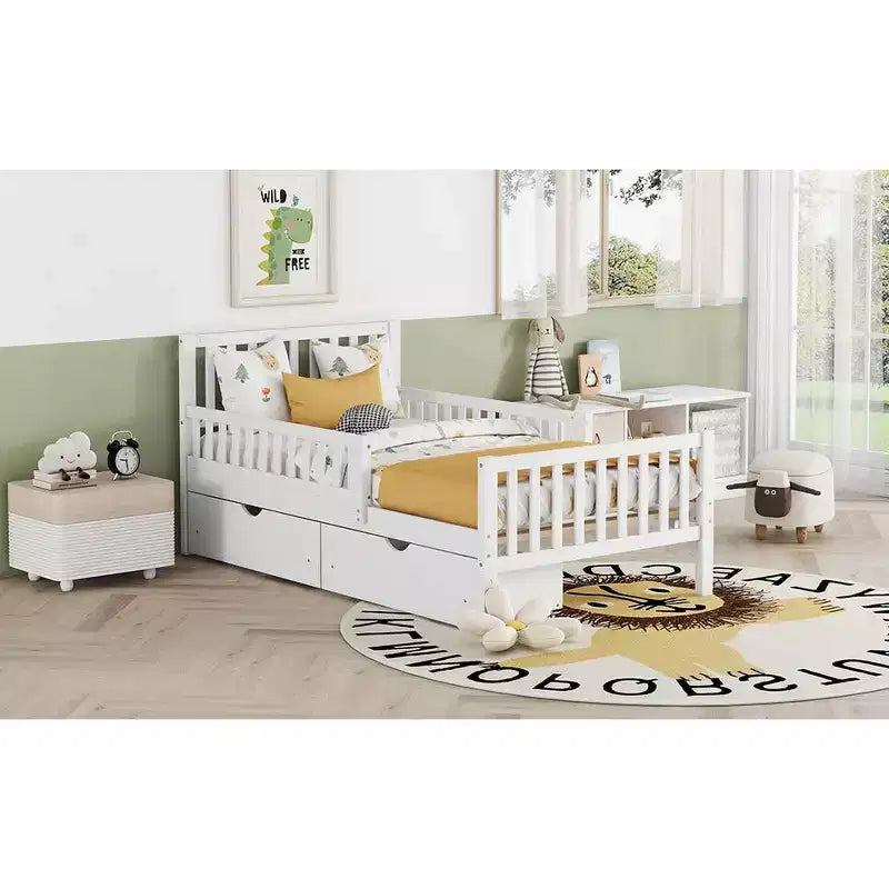 Lit plateforme double en bois avec barrières de sécurité et 2 tiroirs de rangement, blanc
