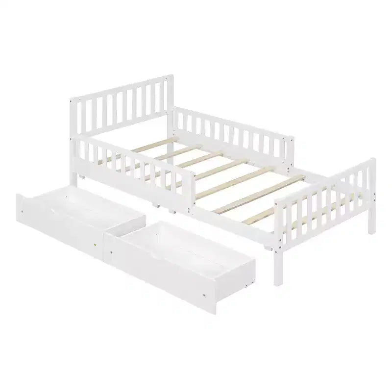 Lit plateforme double en bois avec barrières de sécurité et 2 tiroirs de rangement, blanc