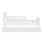 Lit plateforme double en bois avec barrières de sécurité et 2 tiroirs de rangement, blanc