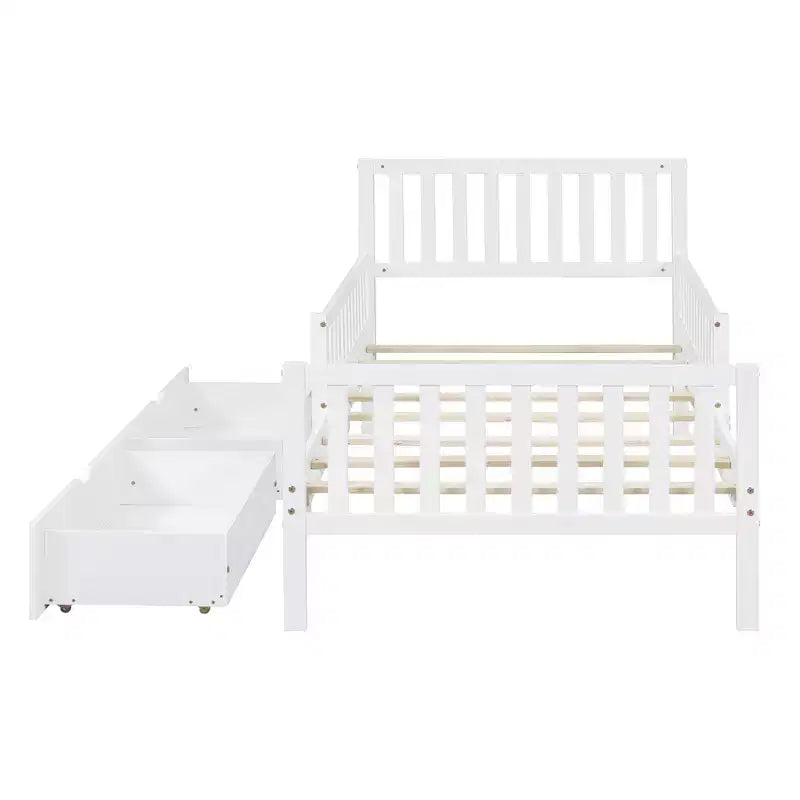 Lit plateforme double en bois avec barrières de sécurité et 2 tiroirs de rangement, blanc