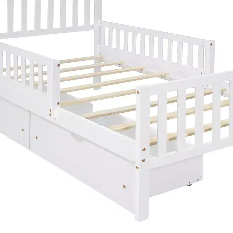 Lit plateforme double en bois avec barrières de sécurité et 2 tiroirs de rangement, blanc