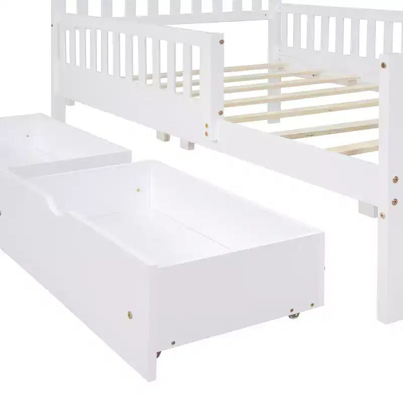 Lit plateforme double en bois avec barrières de sécurité et 2 tiroirs de rangement, blanc