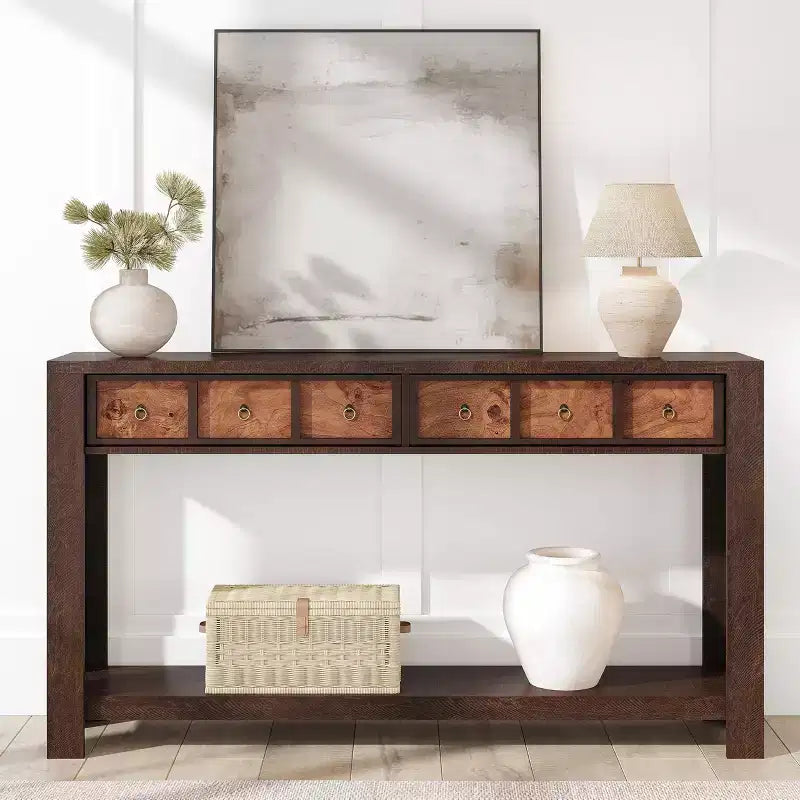 54 Table console de ferme rustique pour l'entrée, longue table de canapé en bois avec 2 tiroirs de rangement et étagère ouverte pour le couloir et le salon